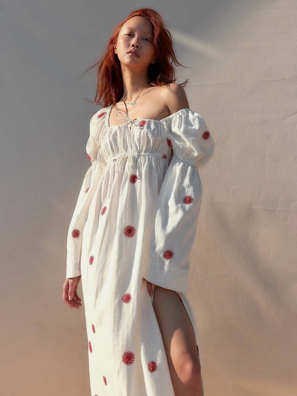 New Free People White Maxi Dress with Red Sunburst Embroidery